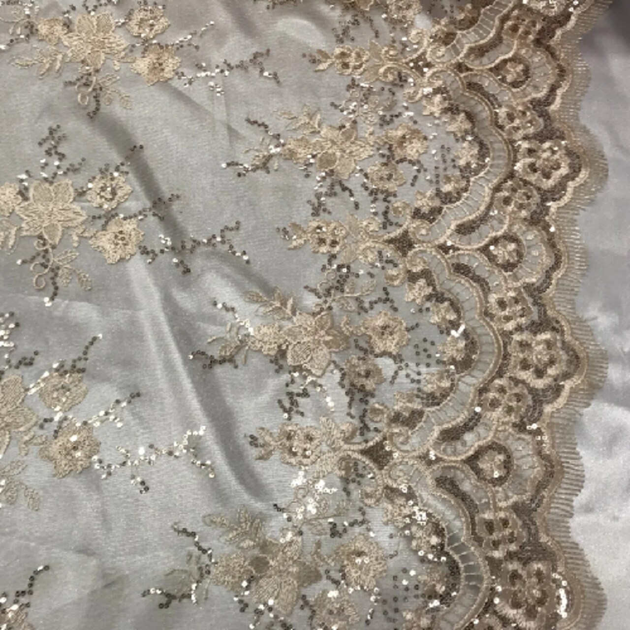 1 Yard Blush Peach Sequin Lace Fabric 100% Polyester Mesh for Bridal Gowns, Evening Wear & DIY Fashion 51 inches